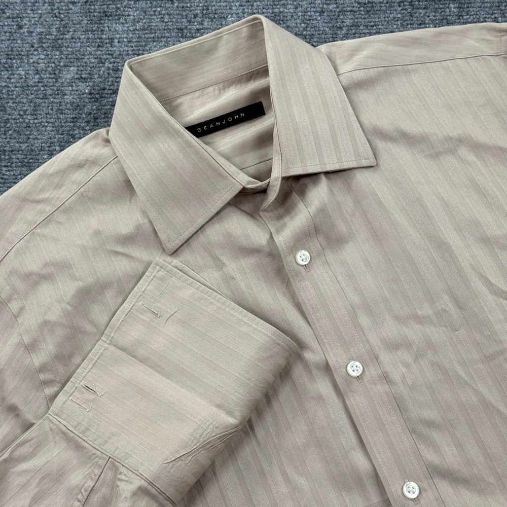 Sean John Dress Shirt 15.5 34/35 Tan Striped French Cuff Regular‎ Fit Mens